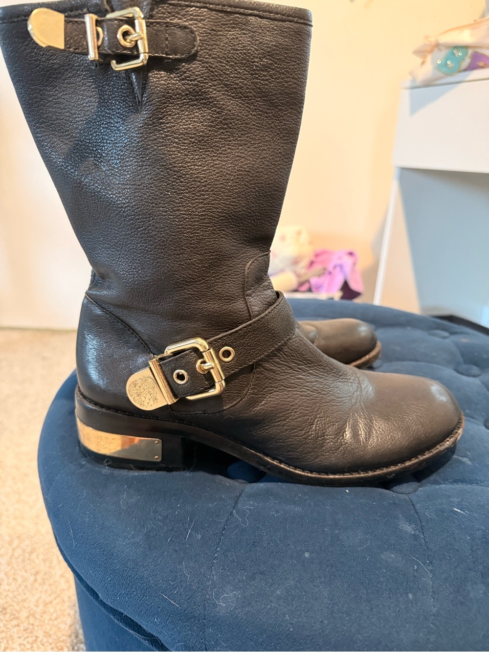 Vince Camuto Black Leather Mid-Calf Ankle Boots with Gold Buckles